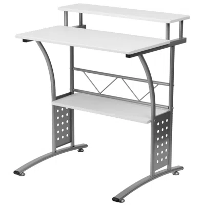 Quikfurn Modern Metal Frame Computer Desk With White Laminate Top And Raised Shelf