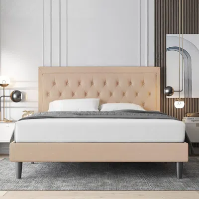Quikfurn Queen Size Beige Linen Platform Bed Frame With Button Tufted Headboard