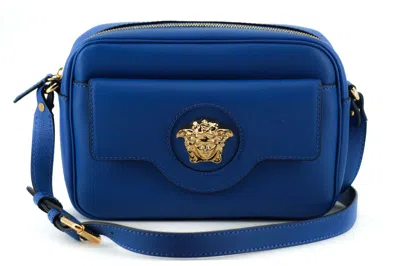 Versace Blue Calf Leather Camera Shoulder Bag In Blue