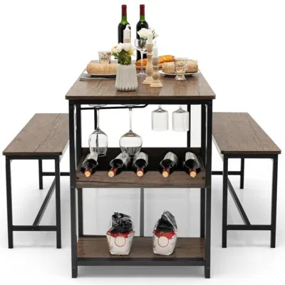 Quikfurn Modern Industrial 3-piece Metal Wood Dining Set With 2 Benches And Wine Rack