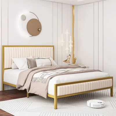 Quikfurn Queen Size Gold Metal Platform Bed Frame With Beige White Upholstered Headboard