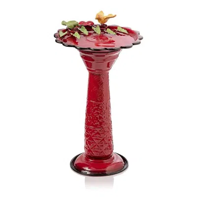 Quikfurn Red Metal Outdoor Garden Patio Birdbath With Decorative Bird Leaf Figurines