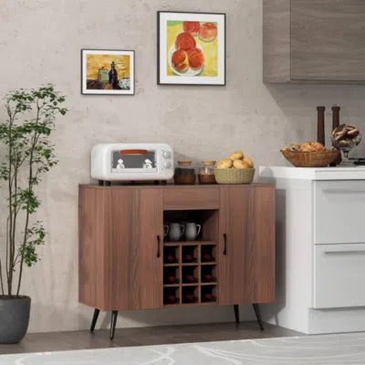 Hivvago Mid-century Modern Buffet Sideboard Server Cabinet With 9-bottle Wine Rack-walnut