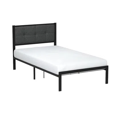 Quikfurn Twin Metal Platform Bed Frame With Gray Button Tufted Upholstered Headboard