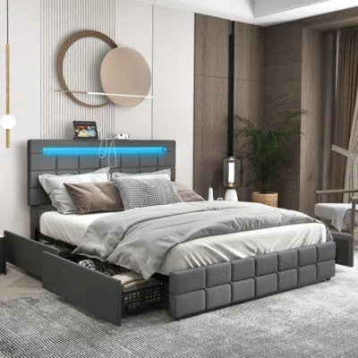 Hivvago Upholstered Led Bed Frame With Headboard And 4 Drawers-full Size