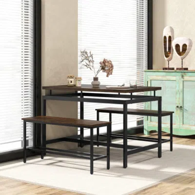 Hivvago 3 Pieces Dining Table Set With Wooden Kitchen Table And 2 Benches-brown