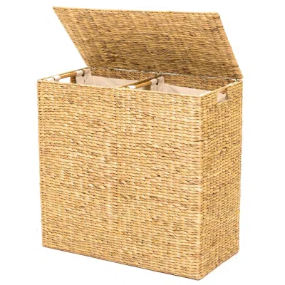 Quikfurn Natural 2-bin Handwoven Hyacinth Linen Liner Laundry Hamper W/ Handles