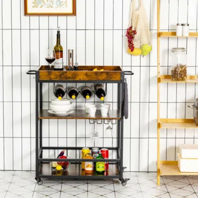 Hivvago 3-tier Rolling Kitchen Bar Cart With Wine Rack-rustic Brown
