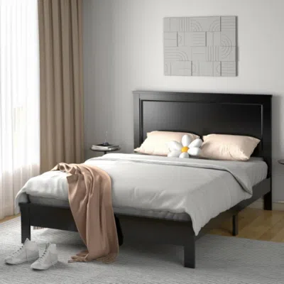 Hivvago Queen Size Bed Frame Platform Slat High Headboard Bedroom With Rubber Wood Leg-black