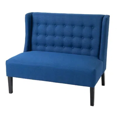 Quikfurn Scandinavian 2 Seater Button Tufted Loveseat Wooden Legs Blue Linen