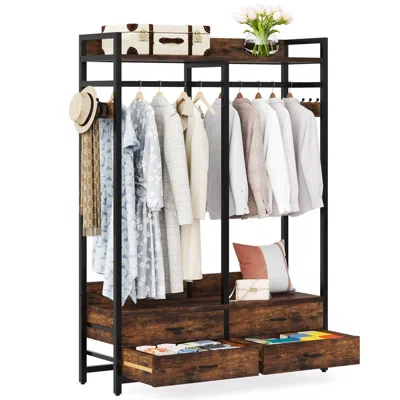 Quikfurn Heavy Duty Brown Black Garment Rack Clothes Hanging Rod With 4 Storage Drawers