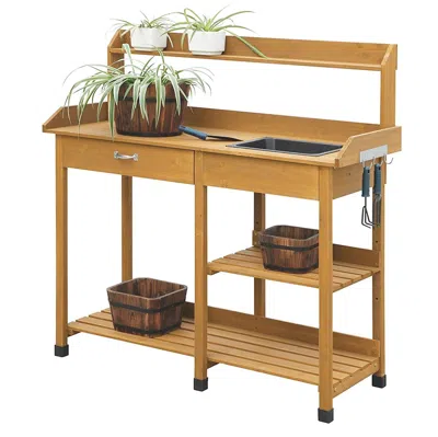 Quikfurn Outdoor Garden Wood Potting Bench Work Table With Sink In Light Wood Finish