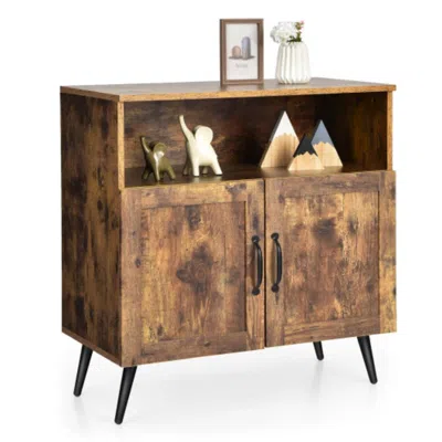 Hivvago Mid-century Wooden Storage Cabinet Wine Glass Holders-rustic Brown
