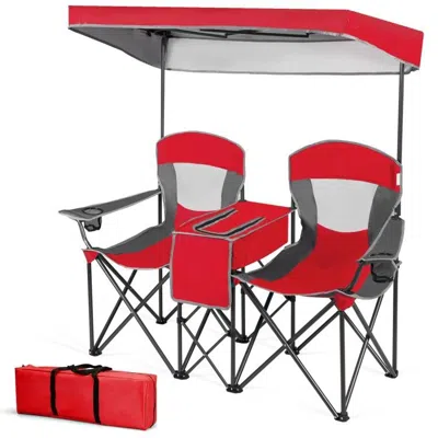 Quikfurn Red 2-piece Folding Camping Canopy Chairs Set With Cup Holder And Storage Pocket