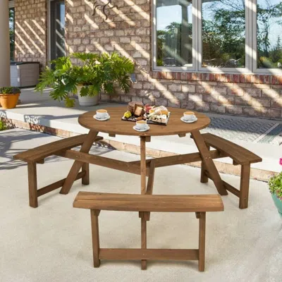 Quikfurn Outdoor Solid Wood Round Picnic Table Set With Umbrella Hole And 3 Benches