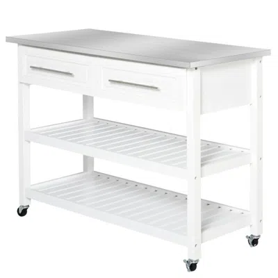Quikfurn White Rolling Kitchen Island 2 Drawers Storage With Stainless Steel Top