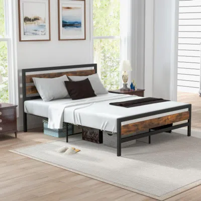 Hivvago Full/queen Industrial Bed Frame With Rustic Headboard And Footboard-queen Size