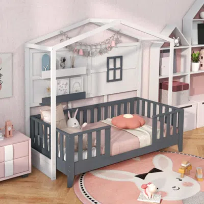 Hivvago Twin Wood House Bed Montessori Floor Bed With 2 Shelves And Guardrails-gray & White