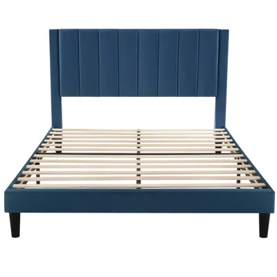Quikfurn Full Size Modern Navy Blue Velvet Upholstered Platform Bed With Headboard