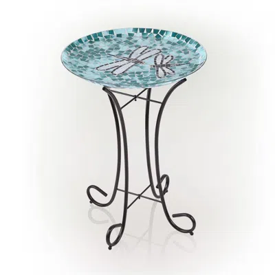Quikfurn Teal Green Blue White Mosaic Glass Birdbath Bowl With Black Metal Stand
