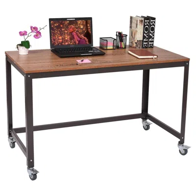 Quikfurn Industrial Modern Steel Frame Wood Top Computer Desk With Locking Wheels