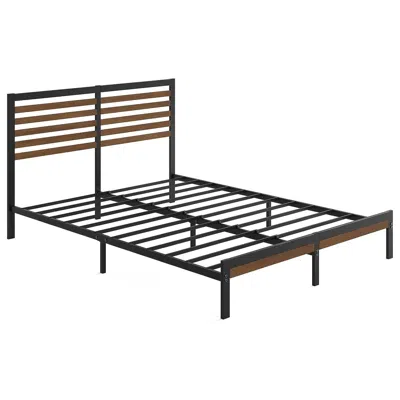 Quikfurn Queen Metal Platform Bed Frame With Bamboo Wood Slat Headboard And Footboard