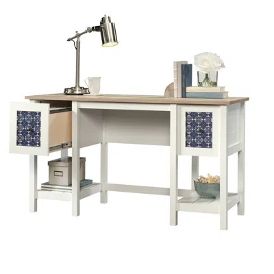 Quikfurn Farmhouse White Blue Oak Top 2 Drawer Office Writing Desk - Made In Usa