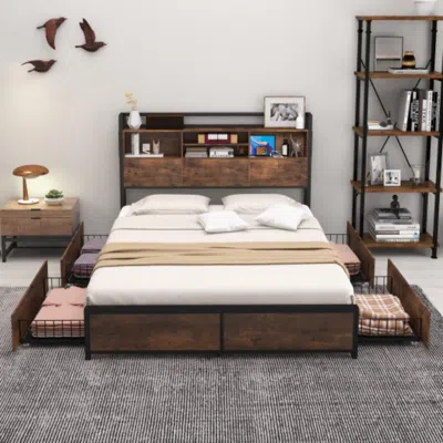 Hivvago Full/queen Size Bed Frame With Bookcase Headboard And 4 Storage Drawers-queen Size