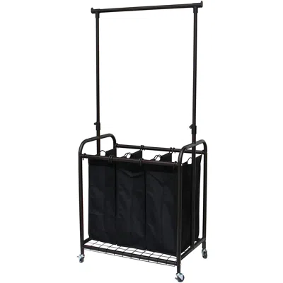Quikfurn Bronze Black 3-bag Laundry Sorter Hamper With Adjustable Clothes Hanging Bar
