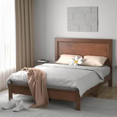 Hivvago Queen Size Bed Frame Platform Slat High Headboard Bedroom With Rubber Wood Leg-walnut