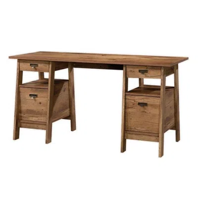 Quikfurn Farmhouse Rustic Oak Executive Desk W/ Filing Cabinets Storage