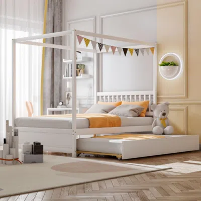 Hivvago Full Size Canopy Bed With Trundle Wooden Platform Bed Frame Headboard-white