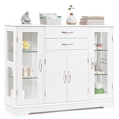 Quikfurn White Wood Buffet Sideboard Cabinet With Glass Display Doors