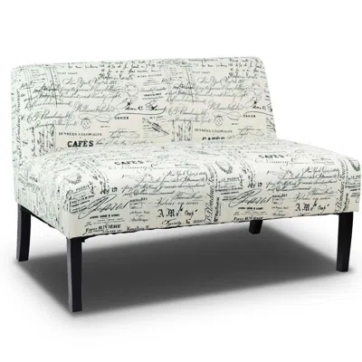 Quikfurn Modern Loveseat Sofa With Off-white Cursive Pattern Upholstery And Black Wood Legs
