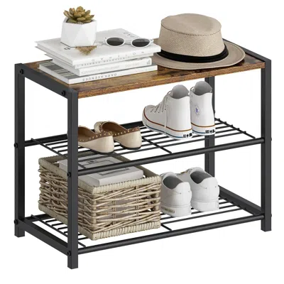 Quikfurn 2-shelf Entryway Shoe Rack Bench With Black Metal Frame And Brown Wood Top