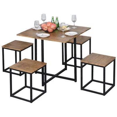 Quikfurn Farmhouse 5 Piece Square Walnut Wood Steel Kitchen Dining Set