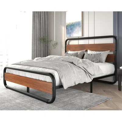 Quikfurn King Size Heavy Duty Industrial Modern Metal Wood Platform Bed Frame With Headboard