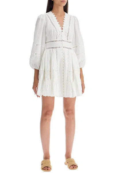 Shop Zimmermann Short Dress With Cutwork Embroidery Details In Bianco