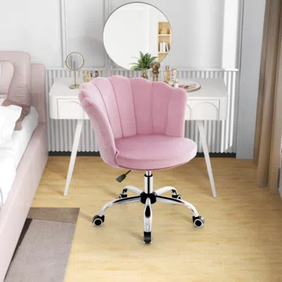 Hivvago Adjustable Vanity Velvet Chair With Seashell Back And Wheels-pink