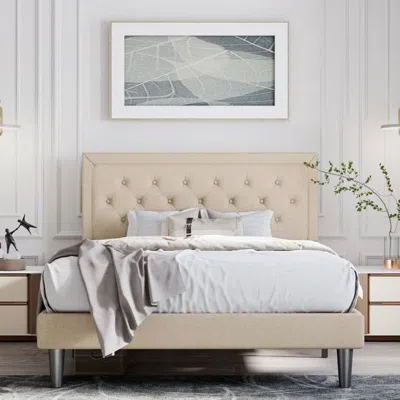 QUIKFURN FULL SIZE ADJUSTABLE HEIGHT PLATFORM BED FRAME WITH BEIGE UPHOLSTERED HEADBOARD 
