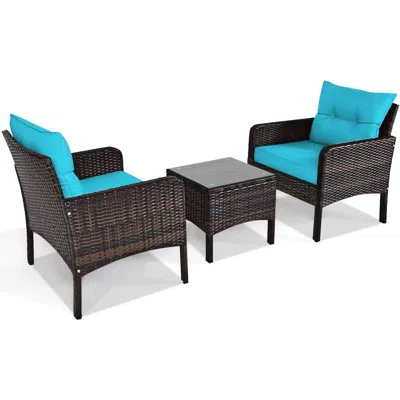 Quikfurn 3-piece Brown Pe Rattan Outdoor Patio Furniture Dining Set W/ Turquoise Cushions