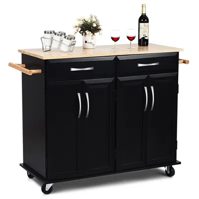 Quikfurn Black Kitchen Island Storage Cabinet Cart With Wood Top And Wheels