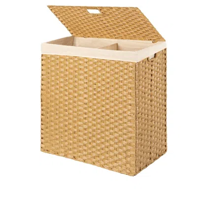 Quikfurn Folding 2-bin Natural Pe Wicker Linen Liner Laundry Hamper W/ Handles