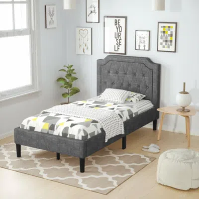 Hivvago Linen Twin Upholstered Platform Bed With Frame Headboard Mattress Foundation