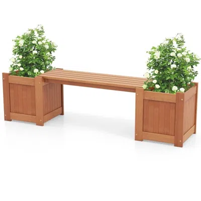 Quikfurn Farmhouse Durable Outdoor Wooden Planter Box With Garden Bench