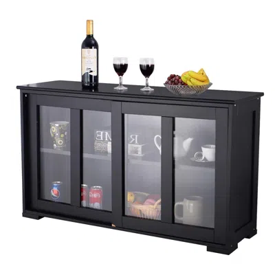 Quikfurn Black Sideboard Buffet Dining Storage Cabinet With 2 Glass Sliding Doors
