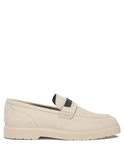 Shop Brunello Cucinelli Suede Penny Loafer With Monili Loafers & Slippers In Beige