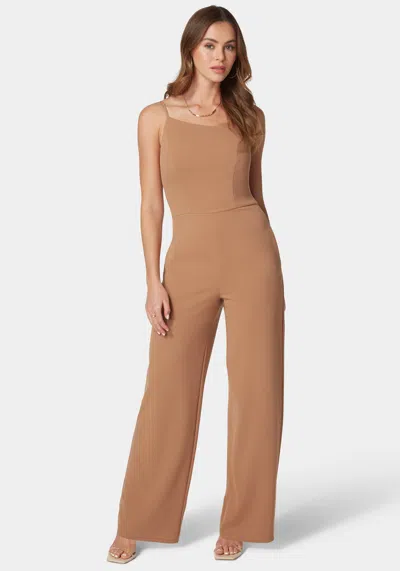 Bebe One Shoulder Core Jumpsuit In Camel