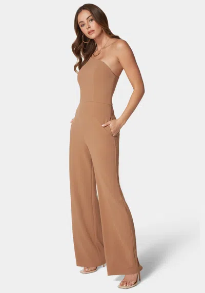 Bebe One Shoulder Core Jumpsuit In Camel