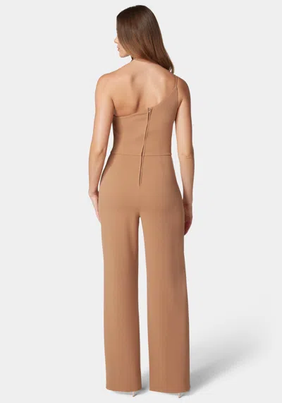 Bebe One Shoulder Core Jumpsuit In Camel